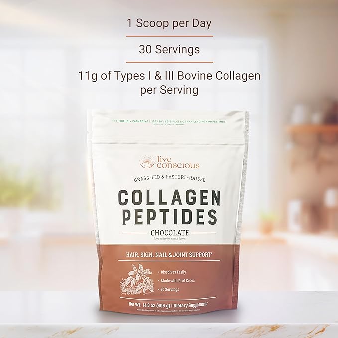 Live Conscious Collagen Peptides Powder - Chocolate Collagen Powder - Hair, Skin, Nail, and Joint Support - Type I & III Grass-Fed Collagen Supplements for Women and Men - 30 Servings - 15oz