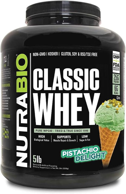 NutraBio Classic Whey Protein Powder- 25G Protein Per Scoop - Full-Spectrum Amino Acid Profile - No Fillers, Artificial Colors, Preservatives - (Pistachio Delight, 5 Pounds)
