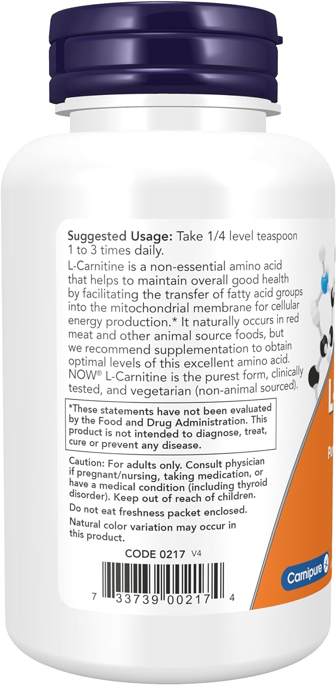 NOW Foods Supplements, L-Carnitine (L-Carnitine Tartrate) Pure Powder, Boosts Cellular Energy, Amino Acid, 3-Ounce