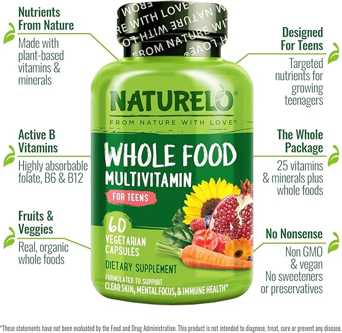 NATURELO Whole Food Multivitamin for Teens - Vitamins and Minerals for Teenage Boys and Girls - Supplement for Active Kids - with Organic Whole Foods - Non-GMO - Vegan & Vegetarian - 60 Capsules