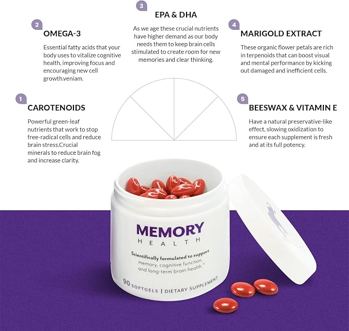 Brain Supplement for Memory and Focus with Vitamin E (90 softgels/30 Servings) - Brain Booster Softgels for Clarity, Energy-Supplements for Concentration-Omega 3, Carotenoid