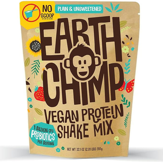 EarthChimp Organic Vegan Protein Powder - with Probiotics - Non GMO, Dairy Free, Non Whey, Plant Based Protein Powder for Women and Men, Gluten Free - 52 Servings 64 Oz (Plain & Unsweetened) No Scoop