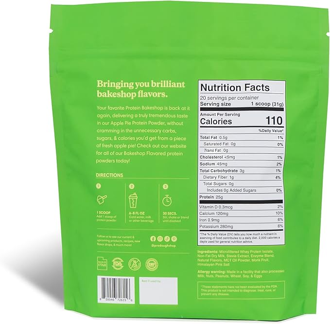 ProDough Gourmet Whey Isolate Hydrolized Protein Powder for Shake Mix- Easy Digest Enzyme Blend, 25g Protein per Serving, Natural Ingredients, Gluten Free, Keto Friendly (Apple Pie)