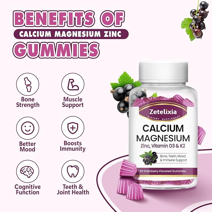Calcium Gummies for Women Men, Calcium Magnesium Zinc with Vitamin D3 & K2, Calcium Magnesium Supplement for Bones Muscles and Joints, Elderberry Flavor - 120 Count