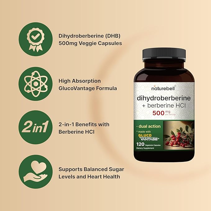 NatureBell Dihydroberberine with Berberine HCl 500mg, 120 Veggie Capsules | 5X Better Absorbed with GlucoVantage – Supports Balanced Sugar Levels & Heart Health – Non-GMO, Vegan-Friendly