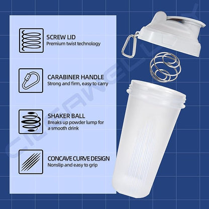 3 Pack Protein Shaker Bottle, 24 oz Protein Shaker Cup with Wire Shaker Ball for Pre Workout, Shake Bottle with Carrying Handle, BPA-Free & Dishwasher Safe (White, Pink, Blue)