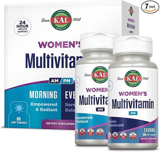 KAL Women's Multivitamin AM/PM, 2-in-1 Multivitamins for Women with Ashwagandha, Silica, Organic Spirulina, and GABA for Cellular Energy, Bone Strength, Immune Support, Vegan, 30 Servings, 120 Tablets