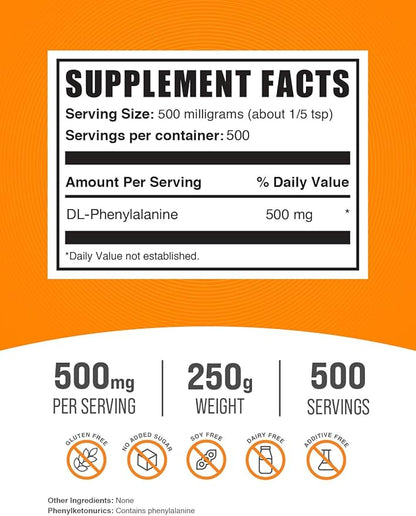BulkSupplements.com DL-Phenylalanine Powder - DLPA Powder, DL-Phenylalanine 500mg - DLPA Supplements, Amino Acid - Gluten Free, 500mg per Serving, 250g (8.8 oz) (Pack of 1)