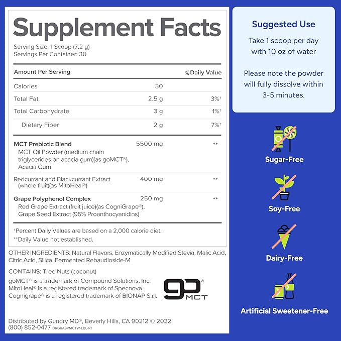 Gundry MD MCT Wellness Powder to Support Energy, Ketone Production and Brain Health, Keto Friendly, Sugar Free (30 Servings) (Raspberry Medley)