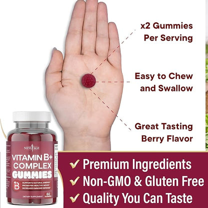 NEW AGE Vitamin B Complex Gummies with Vitamin B3, B6, & B12 – with Biotin, Folic Acid & Vitamin C – Gluten-Free, Vegan, Made in The USA! (120 Count (Pack of 2))