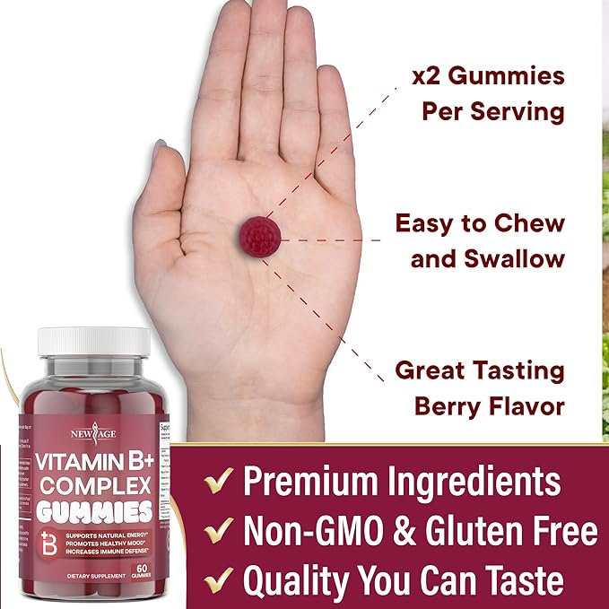NEW AGE Vitamin B Complex Gummies with Vitamin B3, B6, & B12 – with Biotin, Folic Acid & Vitamin C – Gluten-Free, Vegan, Made in The USA! (120 Count (Pack of 2))