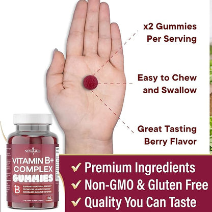 NEW AGE Vitamin B Complex Gummies with Vitamin B3, B6, & B12 – with Biotin, Folic Acid & Vitamin C – Gluten-Free, Vegan, Made in The USA! (120 Count (Pack of 2))
