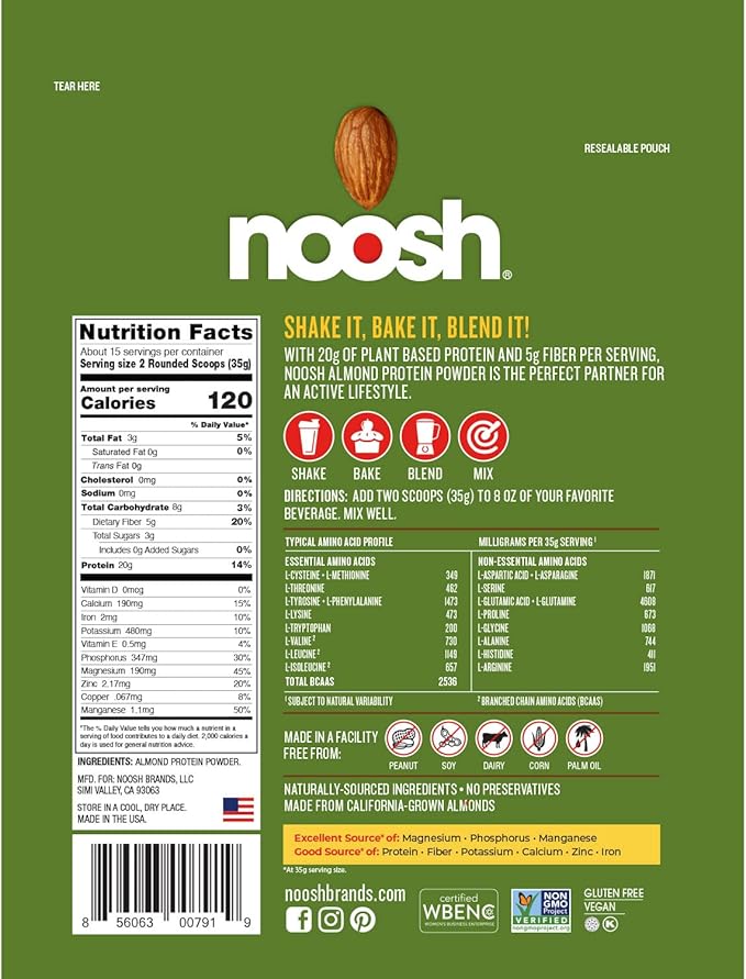 NOOSH Plant Based Almond Protein Powder Unflavored 35 Gram - Vegan, All Natural Ingredients, Non-GMO, Gluten Free, Kosher, Peanut Free, Soy Free, Dairy Free (Unflavored)