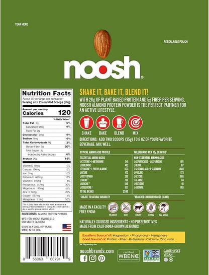 NOOSH Plant Based Almond Protein Powder Unflavored 35 Gram - Vegan, All Natural Ingredients, Non-GMO, Gluten Free, Kosher, Peanut Free, Soy Free, Dairy Free (Unflavored)