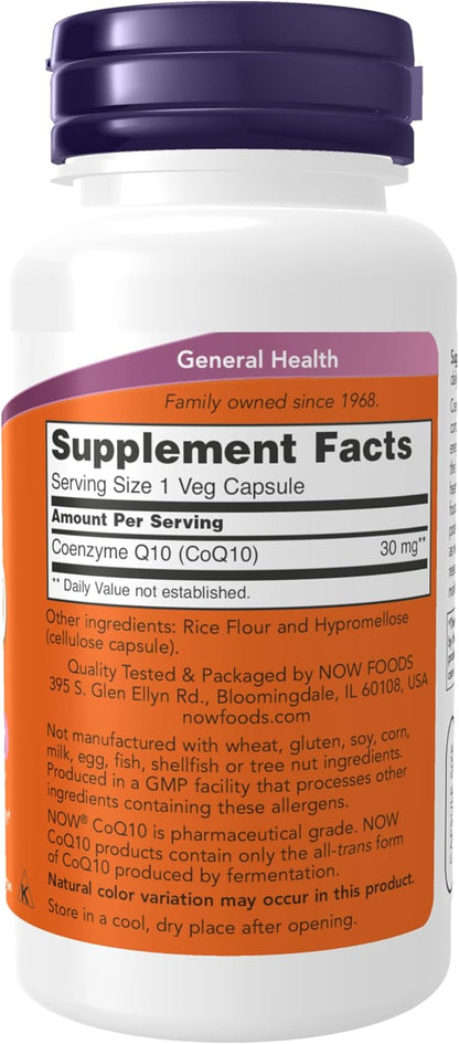 NOW Foods Supplements, CoQ10 30 mg, Pharmaceutical Grade, All-Trans Form produced by Fermentation, 120 Veg Capsules