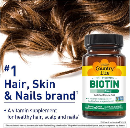 Country Life - Biotin High Potency, 5 mg - 60 Vegan Capsules