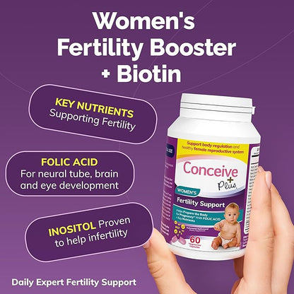 CONCEIVE PLUS Women's Fertility Support | Conception Vitamin Complex, Folic Acid, Zinc and Biotin | 30-Day Supply Fertility Supplement for Use When Trying to Get Prgenant | 60 Soft Capsules