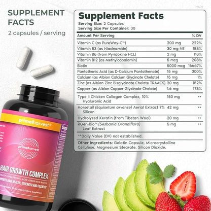 Primal Harvest Primal Hair Complex 1 Pack, Regrowth Hair Supplement for Women & Men, Natural Hair Vitamins w/Thickening Products Biotin & Zinc (60 Capsules)