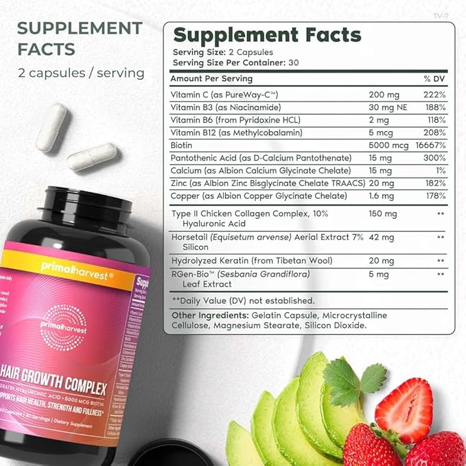 Primal Harvest Hair Growth Vitamins, 2 Pack - 120 Pills, Natural Hair Regrowth, Thickening, and Supplement for Men & Women with Biotin & Zinc