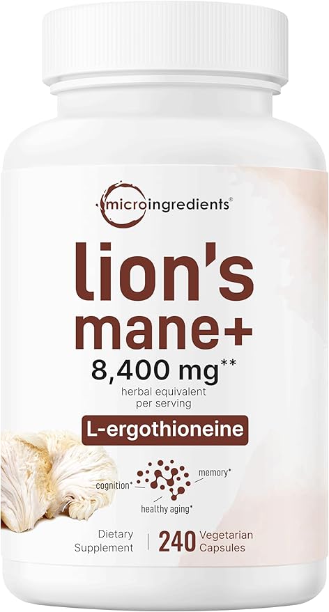 Lions Mane Supplement 8,400 mg Equivalent | 240 Veggie Capsules with L-Ergothioneine | Superfood Mushroom Antioxidants for Healthy Aging & Cognitive Support | Non-GMO