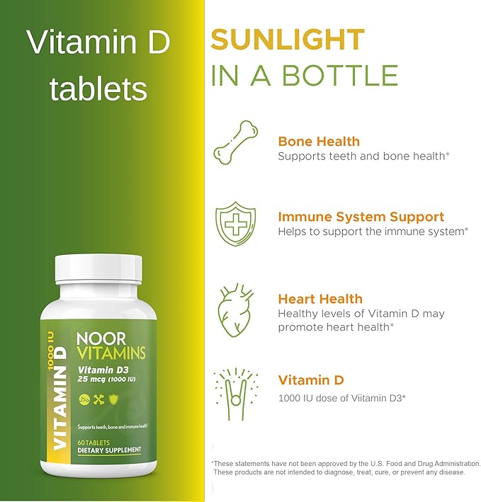 Noor Vitamins Halal Vitamin D, Halal Vitamin D3, 1000 IU Tablets, Supports Bone, Immune & Heart Health, Non-GMO, Gluten Free & Halal (60 Count)