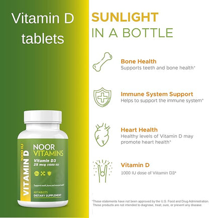 Noor Vitamins Halal Vitamin D, Halal Vitamin D3, 1000 IU Tablets, Supports Bone, Immune & Heart Health, Non-GMO, Gluten Free & Halal (60 Count)