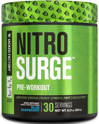 Jacked Factory NITROSURGE Pre Workout Supplement - Energy Booster, Instant Strength Gains, Clear Focus & Intense Pumps - NO Booster & Powerful Preworkout Energy Powder - 30 Servings, Blue Raspberry
