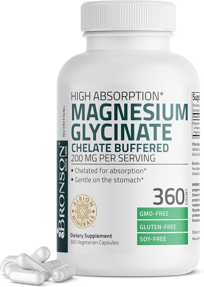 Bronson Magnesium Glycinate 200 MG per Serving Chelated for High Absorption, Gentle On Stomach, Non-GMO, 360 Vegetarian Capsules