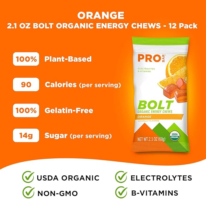 PROBAR - BOLT Organic Energy Chews, Orange, Non-GMO, Gluten-Free, USDA Certified Organic, Healthy, Natural Energy, Fast Fuel Gummies with Vitamins B & C (12 Count)
