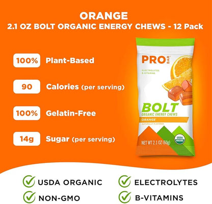 PROBAR - BOLT Organic Energy Chews, Orange, Non-GMO, Gluten-Free, USDA Certified Organic, Healthy, Natural Energy, Fast Fuel Gummies with Vitamins B & C (12 Count)