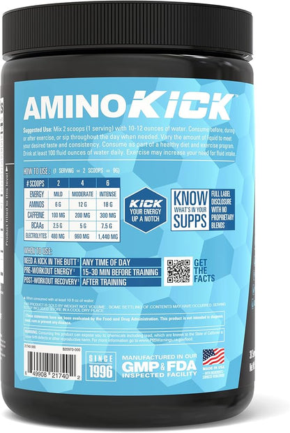 NutraBio Amino Kick - Amino Acid Energy Formula - BCAA's, Electrolytes for Hydration, Natural Caffeine 30 Servings (Blue Raspberry)