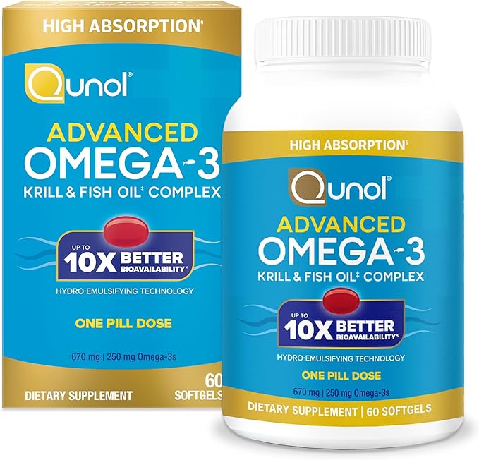 Qunol Advanced Omega 3 Krill and Fish Oil Complex, 10x Better Bioavailability, One Pill Dose, 250mg EPA & DHA, Supports Brain, Eye, Heart and Joint Health, 60 Count