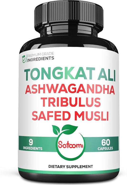 Satoomi Tongkat Ali Root Extract 200:1-9 Essential Herbs with Ashwagandha, Tribulus Terrestris & More - Support Strength, Energy and Healthy Immune - 60 Vegan Caps 2 Month Supply