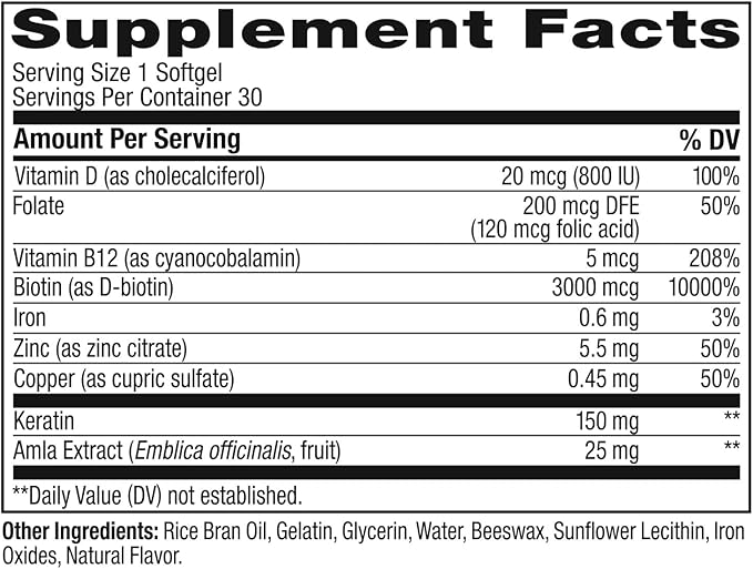 OLLY Ultra Strength Hair Softgels, Supports Hair Health, Biotin, Keratin, Vitamin D, B12, Hair Supplement, 30 Day Supply - 30 Count (Packaging May Vary)