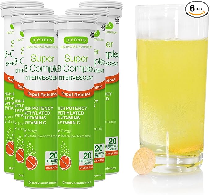 Super B-Complex Liquid B-Vitamin Effervescent Drink, Methylated, Fast Action Energy Supplement, Caffeine-Free, Sugar-Free, Orange Flavor, Vegan, 120 Effervescent Tablets, by Igennus