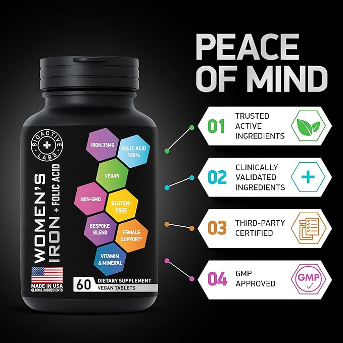 Vegan Iron Supplements for Women with Folic Acid - 168% Folate Folic Acid, 194% Ferrous Sulfate Blood Builder Iron Pills for Women with Anemia and Pregnant Women - 60 Gluten-Free Gentle Iron Tablets