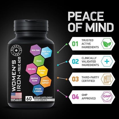 Vegan Iron Supplements for Women with Folic Acid - 168% Folate Folic Acid, 194% Ferrous Sulfate Blood Builder Iron Pills for Women with Anemia and Pregnant Women - 2-Pack, 120 Gentle Iron Tablets