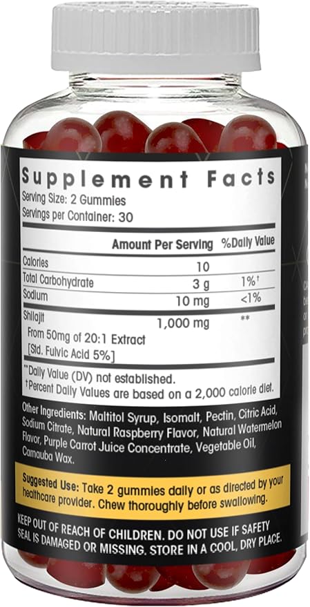 Sugar Free Shilajit Gummies (1000mg Serving)- Natural Himalayan Organic Fulvic Acid Shilajit Supplement for Men and Women -60 Gummy Chews