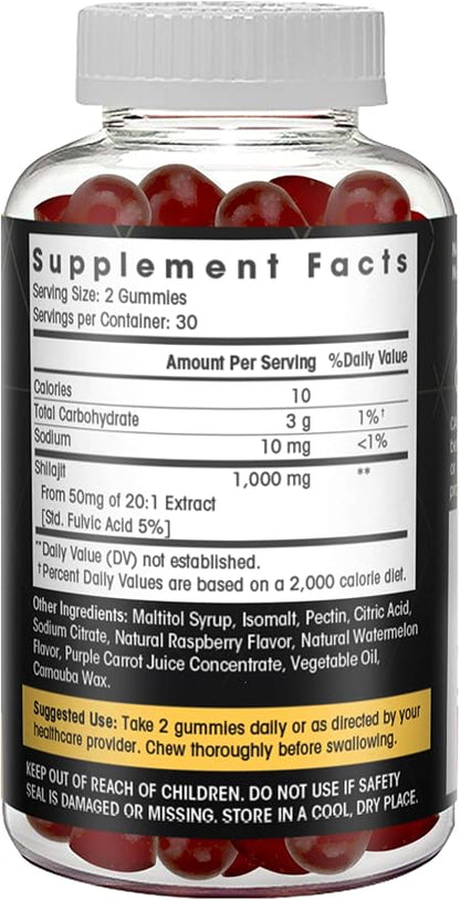 Sugar Free Shilajit Gummies (1000mg Serving)- Natural Himalayan Organic Fulvic Acid Shilajit Supplement for Men and Women -60 Gummy Chews