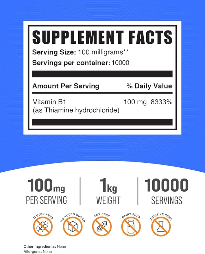BulkSupplements.com Thiamine HCl Powder - Thiamine Hydrochloride, B1 Vitamins, Thiamine B1 Supplement, Thiamine 100mg - Gluten Free, 100mg per Serving, 1kg (2.2 lbs) (Pack of 1)