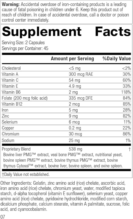 Standard Process Immuplex - Daily Immune Support Supplement with Folate, Iron, Vitamin C & Vitamin A - Mineral Supplement with Antioxidant Ingredients - 90 Capsules