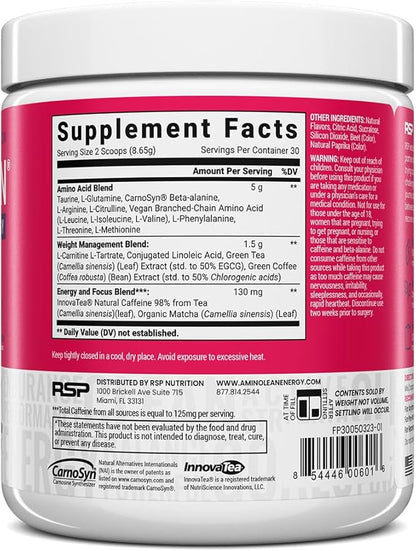 RSP NUTRITION AminoLean Pre Workout Powder, Amino Energy & Weight Management with Vegan BCAA Amino Acids, Natural Caffeine, Preworkout Boost for Men & Women, 30 Serv