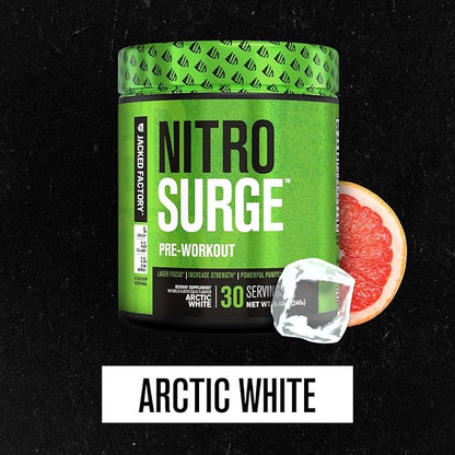 Jacked Factory NITROSURGE Pre Workout Supplement - Endless Energy, Instant Strength Gains, Clear Focus, Intense Pumps - Nitric Oxide Booster & Preworkout Energy Powder - 60 Servings, Arctic White