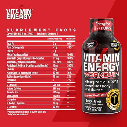 Pre Workout Vitamin Energy Drink - Keto Friendly Sugar Free Shots | Natural Clean Green Tea Caffeine with Proprietary Endurance Blend | Energize up to 7+ Hours - Berry - 1.93 Fl Oz (Pack of 24)