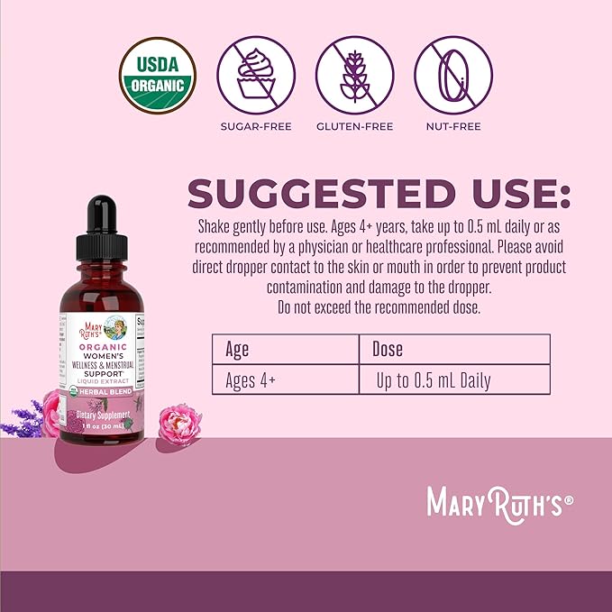 MaryRuth Organics USDA Organic Women's Wellness Liquid Herbal Supplements | Includes Stinging Nettle, Raspberry Leaf, Eleuthero Root, Chaste Tree Berry | Menstrual Support | Non-GMO, Vegan