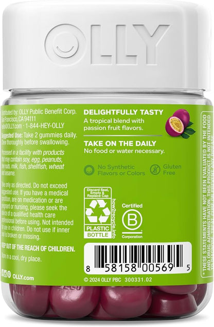OLLY Daily Energy Gummy, Caffeine Free, Vitamin B12, CoQ10, Goji Berry, Adult Chewable Supplement, Tropical Flavor - 60 Count