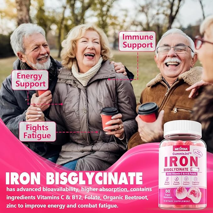 Iron Bisglycinate 26mg Filled Gummies- Gentle Beet Root Iron Gummy plus Vitamin C, Supplement Iron with B12 & Folate for Women & Men, Iron Deficiency, Immune & Energy Support, Sugar-Free, Vegan,120Cts