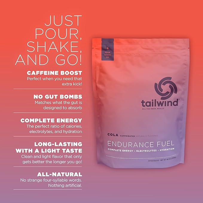 Tailwind Nutrition Endurance Fuel, Electrolyte & Hydration Sports Drink Mix Powder with Caffeine, Gluten-Free, Vegan, Colorado Cola, 50 Servings (Caffeinated)