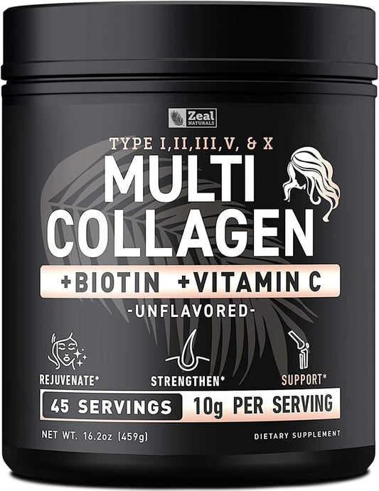 Premium Multi Collagen Peptides Protein Powder (1, 2, 3, 5 & 10) with Vitamin C, Biotin, Hyaluronic Acid, for Hair Skin and Nails - Marine, Bovine, Chicken & Eggshell (Unflavored, 45 Servings)