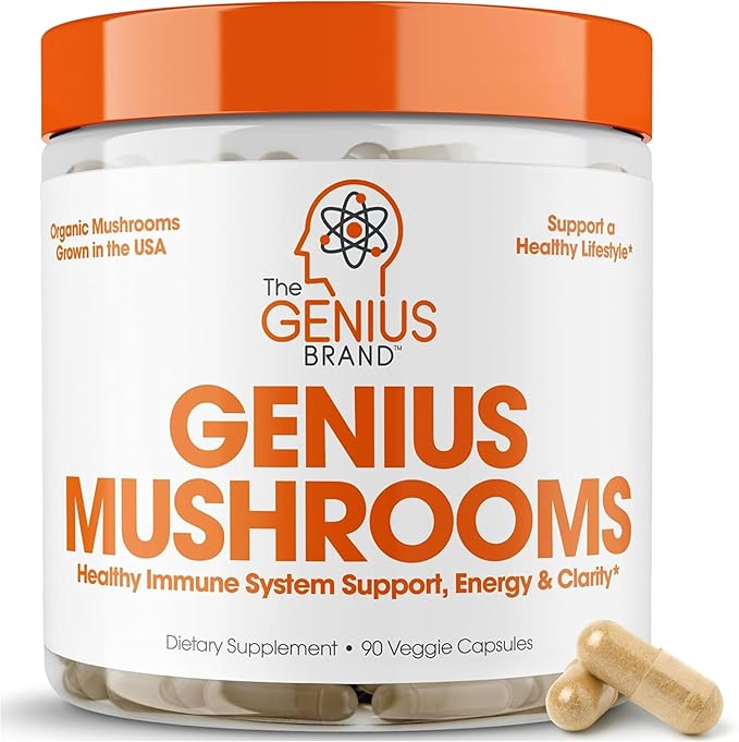 Genius Mushroom Supplement - Lions Mane, Cordyceps, Reishi - Brain Nootropic for Energy, Focus, Overall Wellness, & Immune Support - 90 Capsules